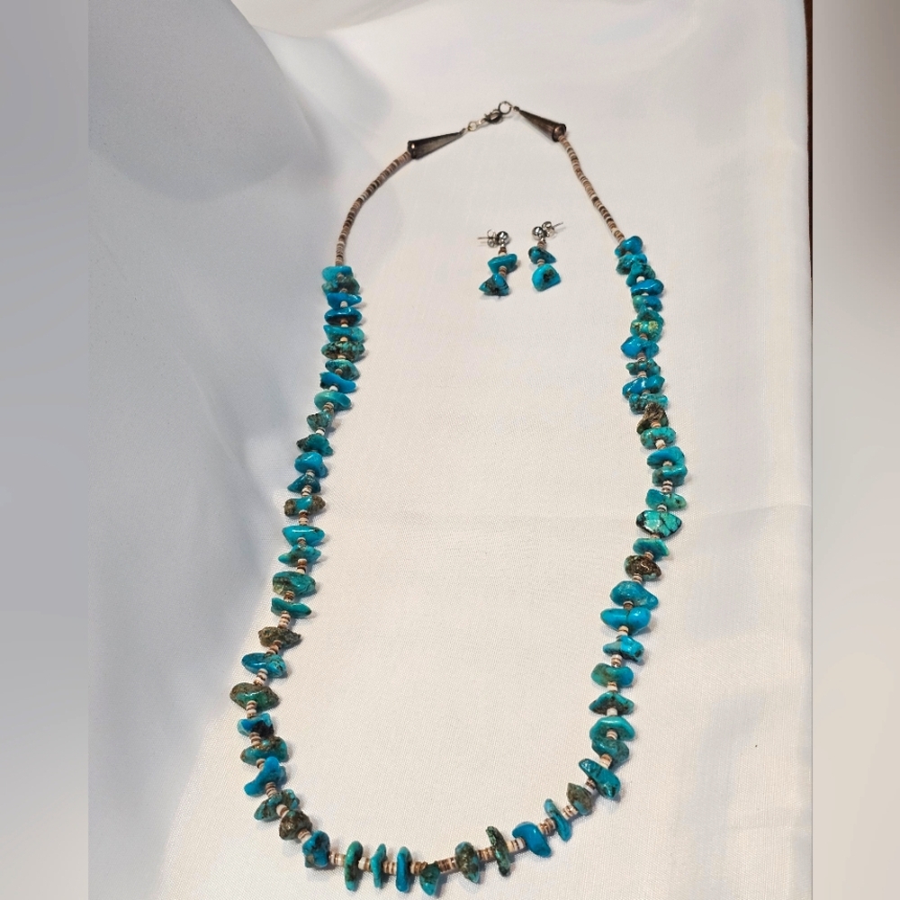 Vintage Navajo Native American Turquoise Nugget Necklace & Earring Set - 60s-70s